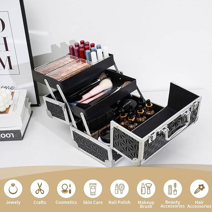 Leeora&Leekoo Makeup Train Case Cosmetic Box Portable Makeup Case Organizer 2 Trays Makeup Storage with Mirror for Cosmetologist Aesthetic Supplies Nail Tech Traveling Makeup Box (Black)
