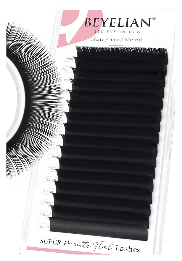 BEYELIAN Flat Eyelash Extension, Ellipse Lash Extensions 0.20 D Curl 10mm 16 Rows Matte Black Eyelash Extension Supplies Classic Lash Extensions Individual Eyelashes Salon Use