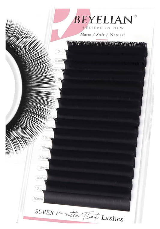 BEYELIAN Flat Eyelash Extension, Ellipse Lash Extensions 0.20 D Curl 10mm 16 Rows Matte Black Eyelash Extension Supplies Classic Lash Extensions Individual Eyelashes Salon Use