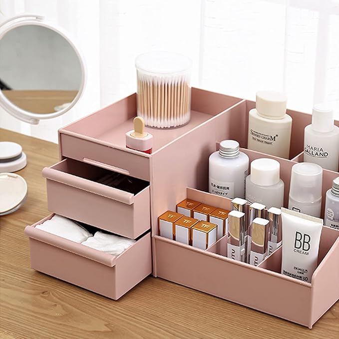 skin care organizer,Makeup Desk Organizer With Drawers,Countertop Organizer for Cosmetics,Vanity brush with Holder for Lipstick, Brushes, Eyeshadow, and Jewelry Desktop Finishing Dresser (Pink)