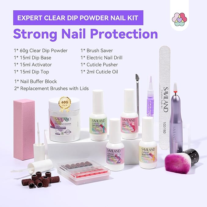 SAVILAND Clear Dip Powder Nail Kit with Electric Nail Drill: 60g/2.1oz Clear Dipping Powder for Nails with Dip Nail Liquid Set Base Activator and Top Coat Brush Saver Builder Repair Kit Home Manicure