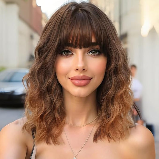 AISI HAIR Synthetic Wavy Curly Bob Wig with Bangs Ombre Brown to Auburn Brown Wig Short Hair for Women Synthetic Heat Resistant Bob Wigs