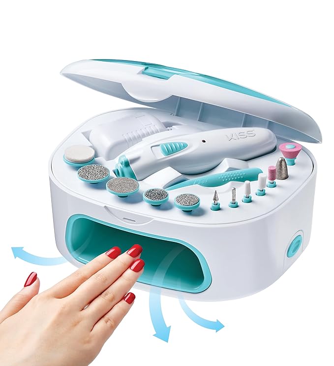 KISS New York Power File X Nail Dryer, Electric Nail File & Nail Dryer System, Includes 12 Attachments, Rechargeable Handle, Cuticle Pusher, A/C Adapter, & Storage Case