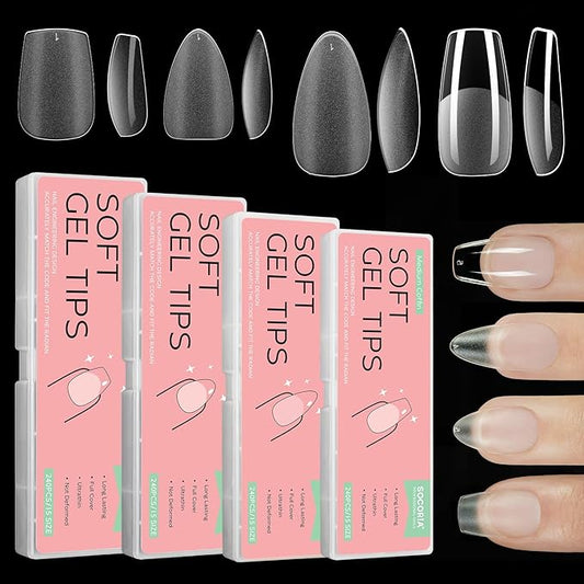960Pcs Soft Gel X False Nail Tips, 4 Styles Kit Short Coffin Short Almond Medium Coffin and Medium Almond Pre-shaped Matte Full Cover Acrylic Fake Nail Set 15 Sizes