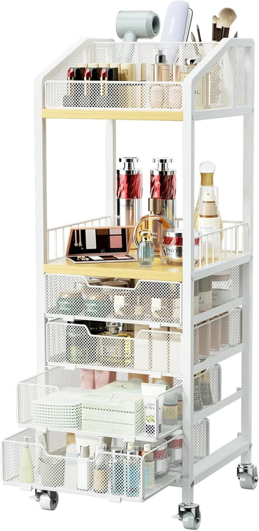HapiRm Makeup Organizer Storage Cart - Floor Skincare Make Up Storage with 4 Drawers, Rolling Makeup Cart Vanity Organizer Cosmetics Display Cases Holder for Skin Care Perfume Nail Polish