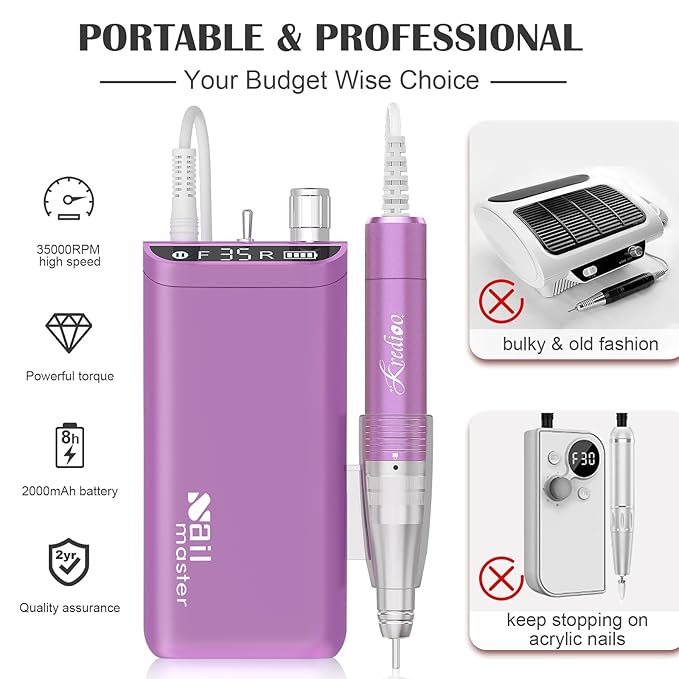 Kredioo Nail Drill, Nail Drills for Professional Acrylic Nails 35000RPM Rechargeable Portable Electric File Drill Machine with 10 Bits Set Quickly Remove Gel Polish Salon Quality Manicure-Purple