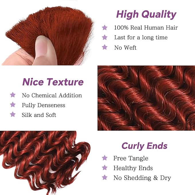 Human Braiding Hair For Boho Braids Deep Water Wave Human Bulk Hair for Braiding 12A Brazilian Virgin Human Hair Extensions for Boho Braids 3 Bundles/Pack 110g Copper 16inch