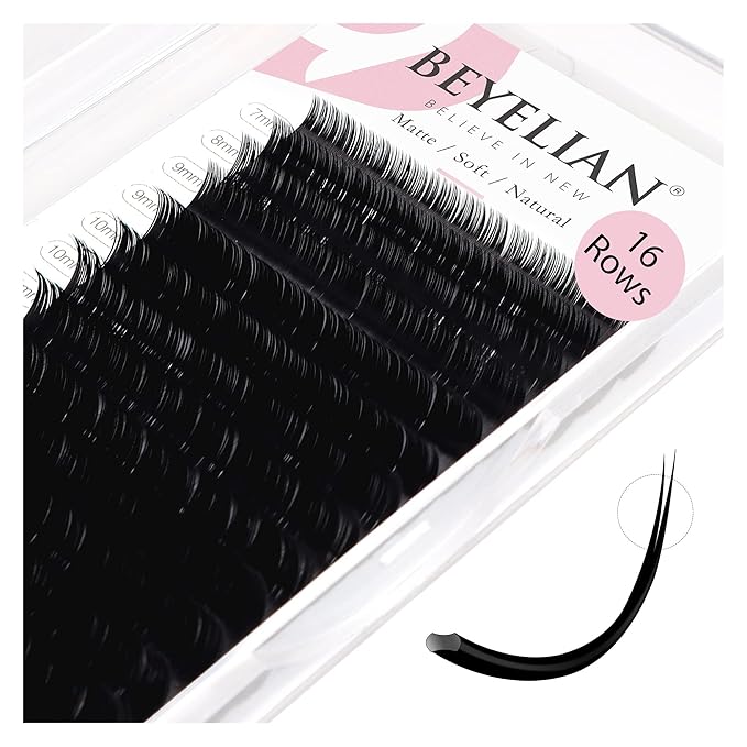 BEYELIAN Flat Eyelash Extension, Ellipse Lash Extensions 0.15 C Curl 7-15mm 16 Rows Matte Black Eyelash Extension Supplies Classic Lash Extensions Individual Eyelashes Salon Use