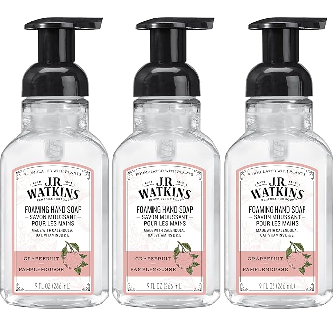 J.R. Watkins Foaming Hand Soap with Pump Dispenser, Moisturizing Foam Hand Wash, All Natural, Alcohol-Free, Cruelty-Free, USA Made, Grapefruit, 9 fl oz, 3 Pack