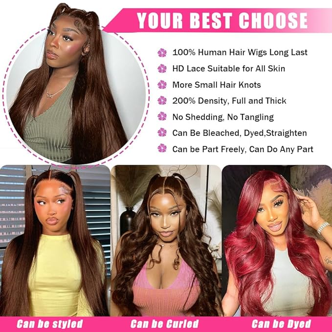13x6 Chocolate Brown Lace Front Wigs Human Hair with Baby Hair 200 Density Straight Brown Lace Frontal Human Hair Wigs Pre Plucked Hairline 4# Brown Color 34 Inch