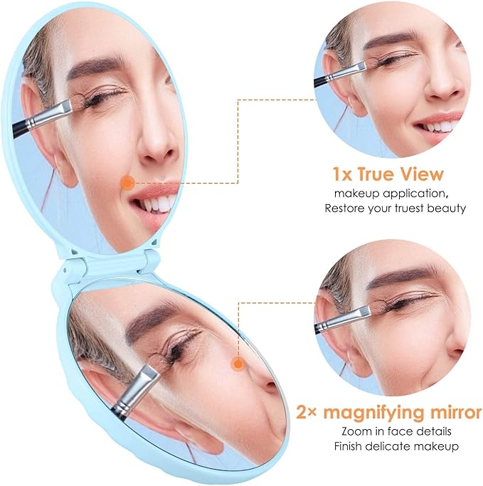 Compact Mirror, Travel Makeup Mirror, Mini Mirror for Purse, Handbag, 2-Sided 1X/2X Magnification Pocket Mirror, 3.5 inch Small Folding Portable Handheld Mirror (Round, No Light, Blue)