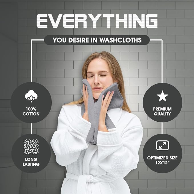 Oakias 100% Cotton Wash Cloths 24 Pack Grey - 12 x 12 Inches Ring Spun Cotton Facial Towels - Highly Absorbent Quick Dry Spa Towels - Bulk Washcloths Ideal for Scrubbing and Cleaning