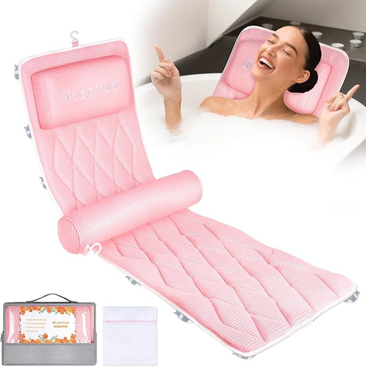 Full Body Bath Pillow Bathtub Pillows-Removable Lumbar Cushion with 17 Non-Slip Suction Cups 4D Air Mesh Fit Any Tub Luxury Bathroom Accessories-Pink