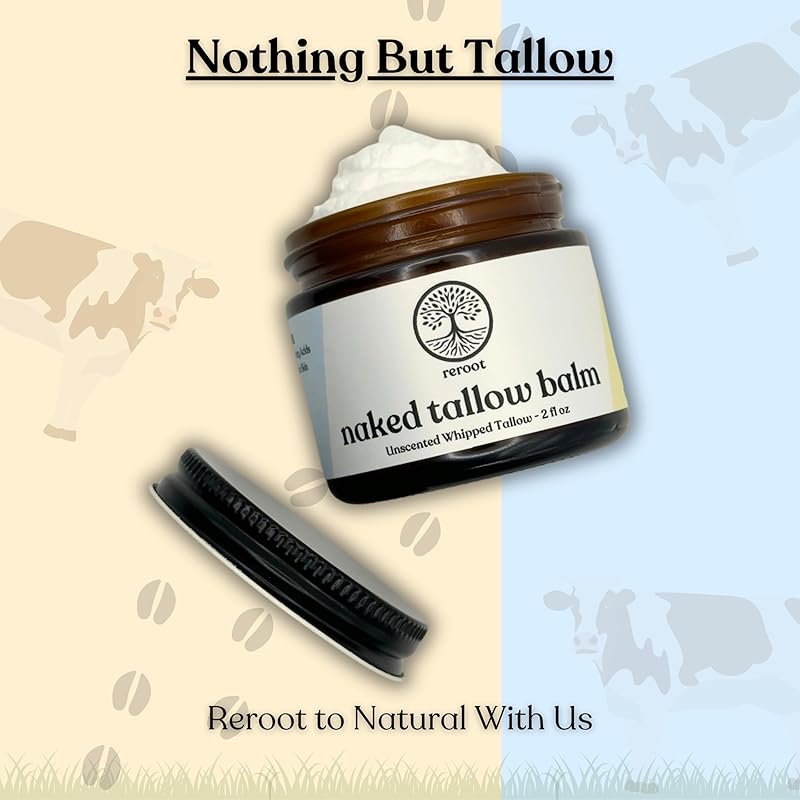 Handmade NAKED TALLOW BALM | 1 Ingredient - 100% Grass Fed Tallow | Whole Body & Face | Whipped & UNSCENTED for Sensititve Dry Skin, Babies, Eczema, Psoriasis, Rosacea (2oz)