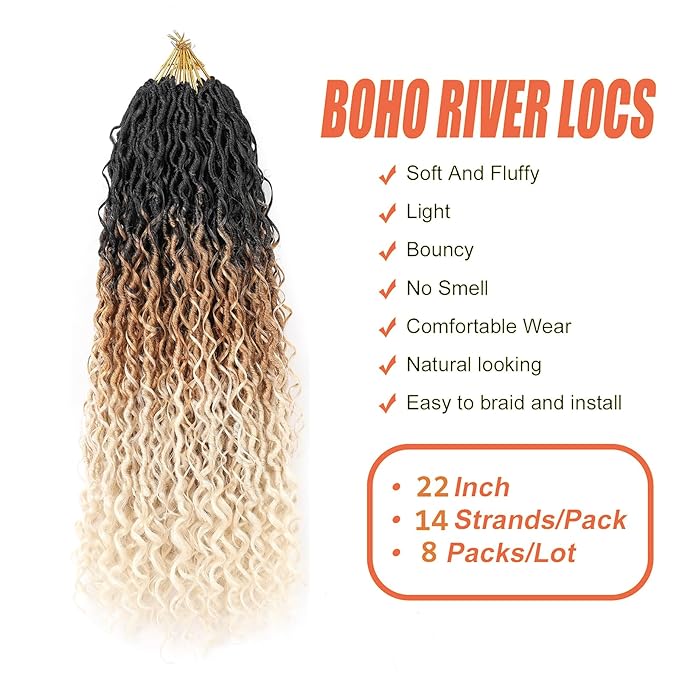 Aipin New Goddess Locs Crochet Hair 22 Inch Boho River Locs Hippie Locs Wavy Crochet With Curly Hair In Middle And Ends Braids Hair Extensions (8Packs,22 inch, T1B/27/613)