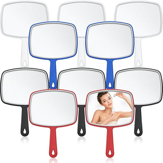 Qunclay 10 Pcs Large Hand Mirror Handheld Mirror with Handle Multi Purpose Barber Mirror with Distortion Free Reflection for Vanity Makeup Salon Travel Use (Multicolor,7.3'' W x 10.3'' L)