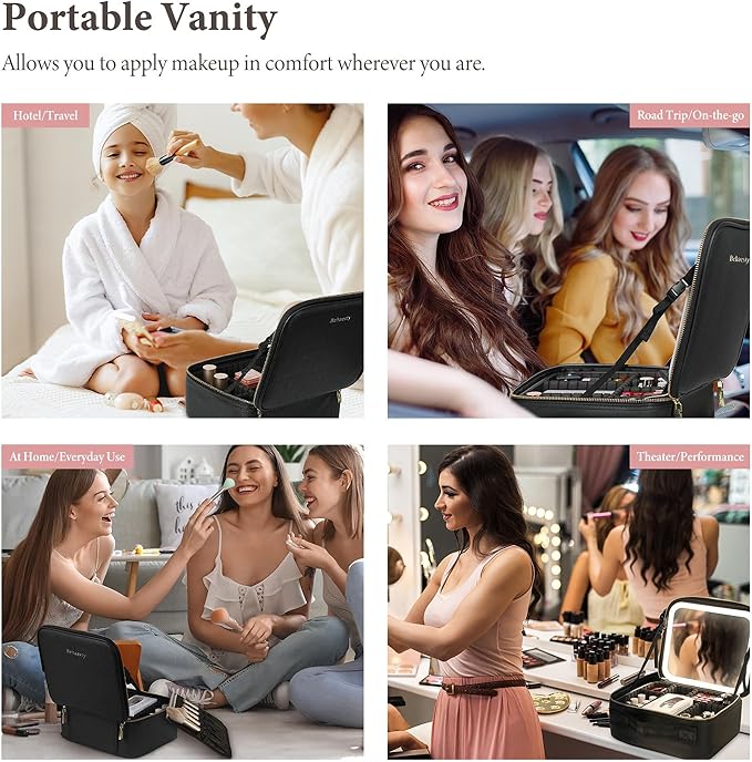 Travel Makeup Bag with LED Lighted Mirror, Cosmetic Makeup Organizer Bag with 3 Color Setting, Makeup Train Case with Adjustable Dividers for Women Makeup Brushes Jewelry Accessories (Black)