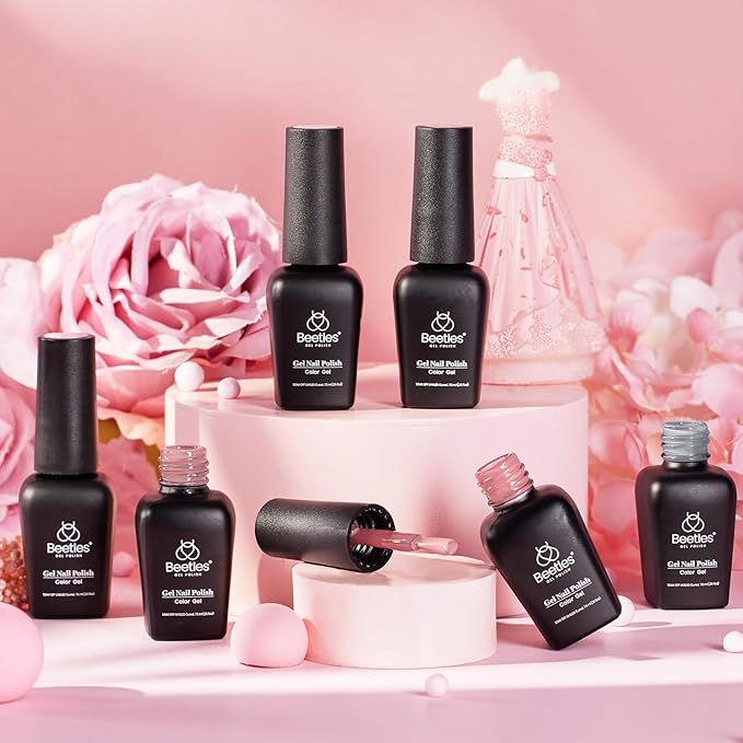 beetles Gel Nail Polish Set 6 Colors, pink nude gray glitter Gel Nail Polish Set Wedding Gel Polish Bridesmaid Nail Art Design Soak Off Uv LED Lamp Needed Manicure Set Valentines Day Gifts for Women