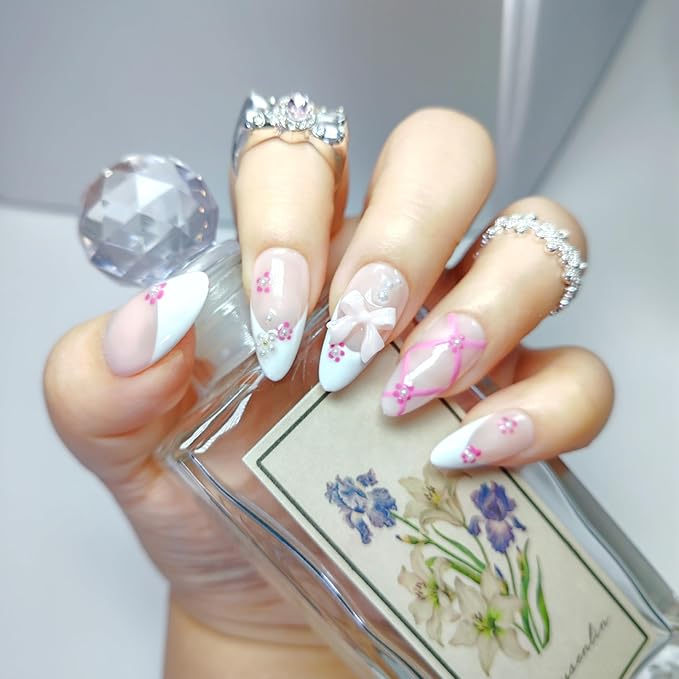 Almond Press on Nails Handmade Medium Long/Stiletto 3D Flower Fake Nail with Designs, Women Reusable False Nails (Pink White French, S)