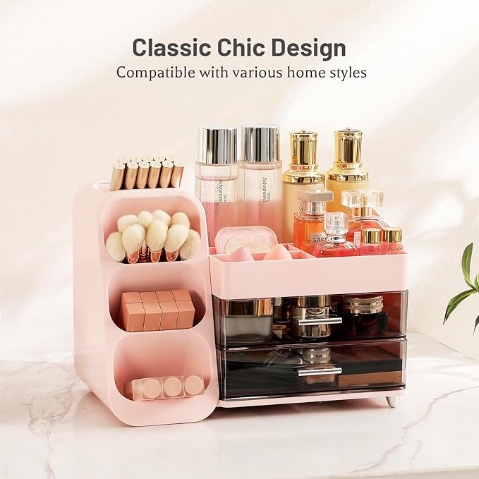 Aveniee Makeup Organizer with Drawers, Vanity Organizer for Bathroom Countertop, Large Cosmetics Skincare Display Case Desk Storage for Perfume Jewelry Lipsticks (Pink)