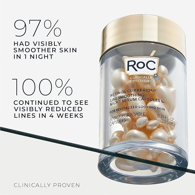RoC Retinol Correxion Anti-Aging Wrinkle Night Serum, Daily Line Smoothing Skin Care Treatment for Fine Lines, Post-Acne Scars, 30 Individual Capsules, Unscented, 0.35 Fl Oz