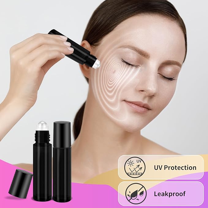 150 Pcs Essential Oil Roller Bottles 10 ml Leakproof Empty Glass Roll on Bottles with Stainless Steel Roller Balls with 20 Funnels 20 Droppers for Travel Perfume Essential Oil (Black)