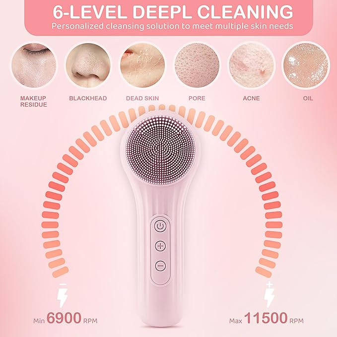 Electric Face Scrubber, Silicone Facial Cleansing Brush Rechargeable, Cleansing, Facial Scrub Exfoliator for Women Men, Waterproof Face Scrub Brush for Exfoliating, Pink