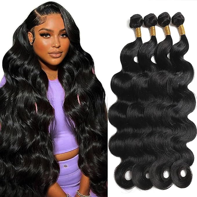 12A Body Wave Bundles Human Hair 16 18 20 22 Inch 4 Bundles Human Hair 100% Unprocessed Brazilian Body Wave Hair Extensions for Women Natural Black