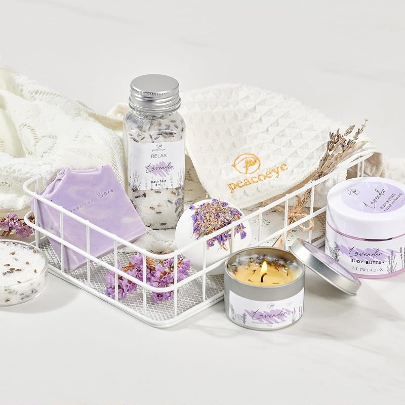 Gifts for Women Spa Lavender Bath Gift Baskets Mothers Day Gifts Relaxing Self Care Gift for Mom Her Sister Wife Auntie Home Bath Kit Care Package Birthday Friendship Gift Ideas