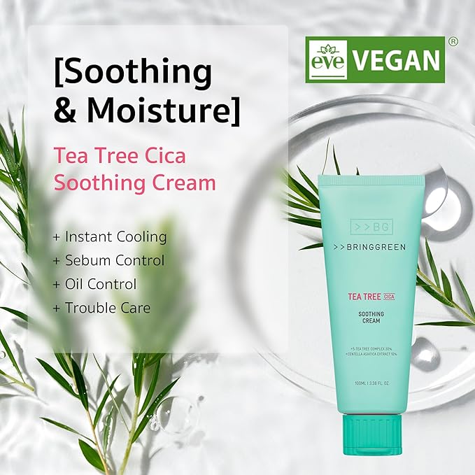 BRING GREEN Tea Tree Cica Soothing Cream Plus 100ml Korean Skin care, calming and soothing, moisturizer for skin, facial cream, trouble care, Blackhead Removing Pore care (Pack of 1)