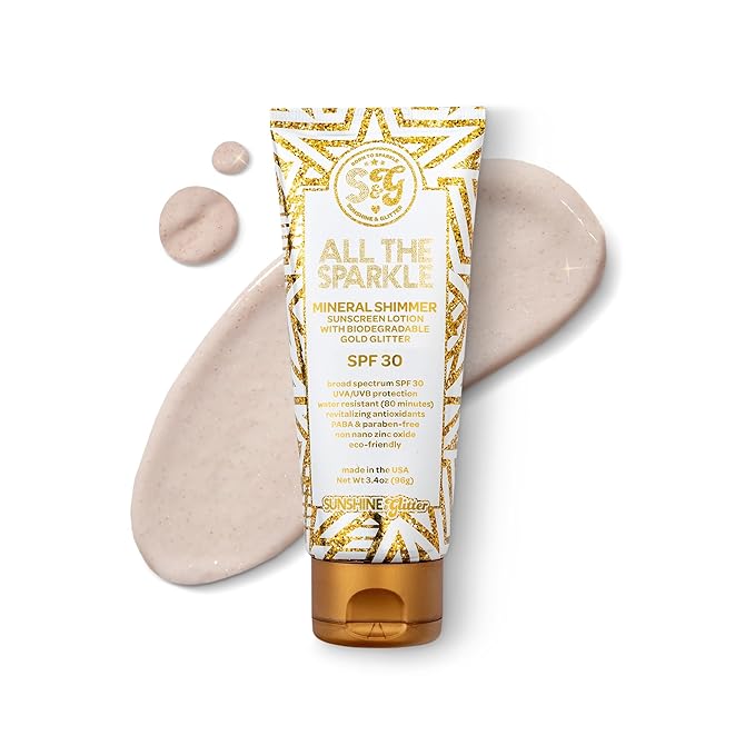 Sunshine & Glitter | ALL THE SPARKLE | Biodegradable GLITTER & MINERAL SHIMMER SUNSCREEN SPF 30 | 100% MINERAL ZINC OXIDE | REEF FRIENDLY | Water Resistant | TSA APPROVED TRAVEL READY 3.4 Oz