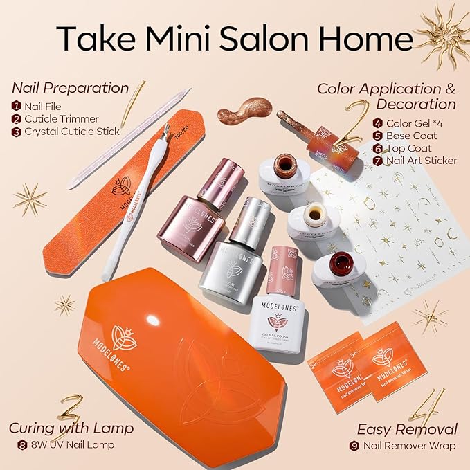 Modelones Gel Nail Polish Kit with U V Light, Milky White Nude Glitter Pink Red Gold Metallic Manicure Set with Base Top Coat Star Stickers 4 Colors Gel Mini Salon Nail Art Starter Gift for Women Girl