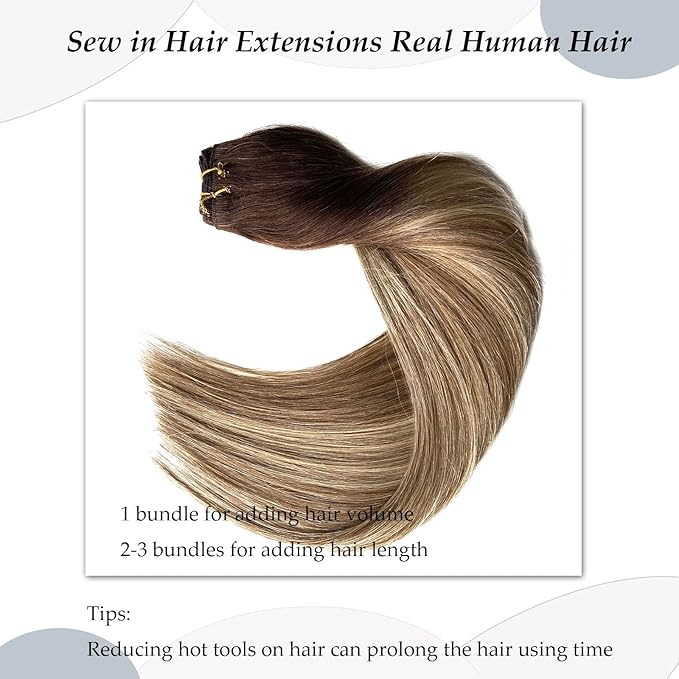 Sew in Hair Extensions Real Human Hair Bundles Ombre Brown to Ash Brown Balayage Blonde Weft, 20 Inch 100G Hand Tied Human Hair Extensions