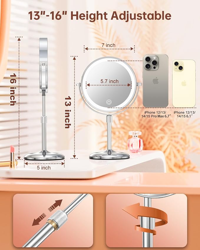Benbilry Lighted Makeup Mirror with 10X Magnification & 3 Color Lights, Adjustable Brightness & Height, 7 Inch 360° Swivel Rechargeable LED Magnifying Make Up Mirror with Lighting (Silver)