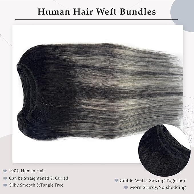 Sew in Bundles Hunan Hair Weft Extensions 24 Inch Ombre Natural Black Balayage Silver Grey Highlights Hair Extensions Real Human Hair Sew in 120G Hand Tied Weft Human Hair Bundles Weave Extensions