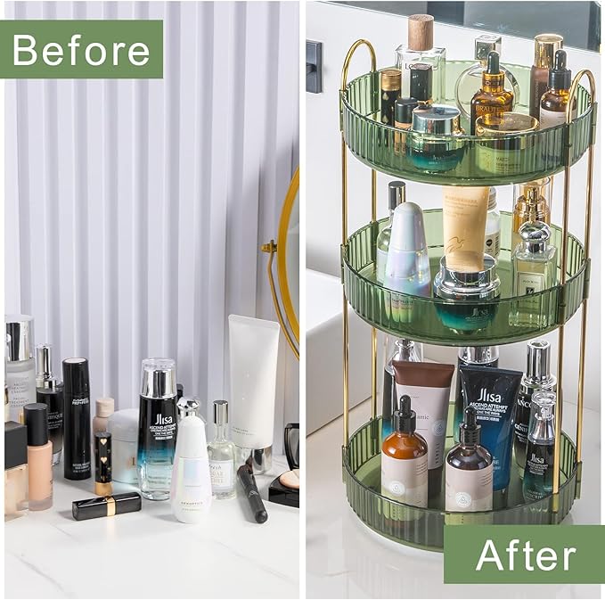 360° Rotating Makeup Organizer, Bathroom Make Up Spinning Holder Rack, Large Capacity Cosmetics Storage Vanity Shelf Countertop, Fits Cosmetics, Perfume, Skincare(3 Tiers, Green)