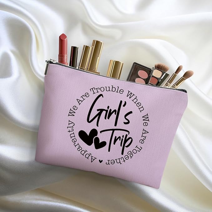 4Pcs Girls Trip Gifts Favors, 2025 Girls Weekend Gifts Funny Makeup Bag, Bestie Gifts Weekend Bag Vacation Cosmetic Bag, Friendship Gifts for Women Friend BFF, Graduation Wedding Gifts Toiletry Bag