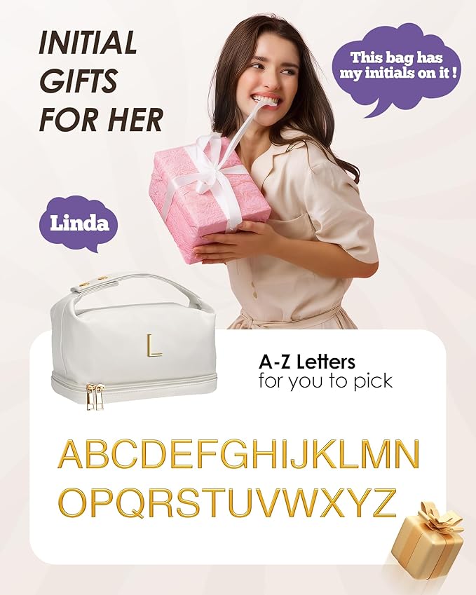 Daughter Gifts, Birthday Gifts Ideas-Personalized Makeup Bag, Initial Double Layer Cosmetic Bag with Makeup Brush Organizer, Graduation Gifts for Sister, 9 10 11 12 13 14 Year Old Girls