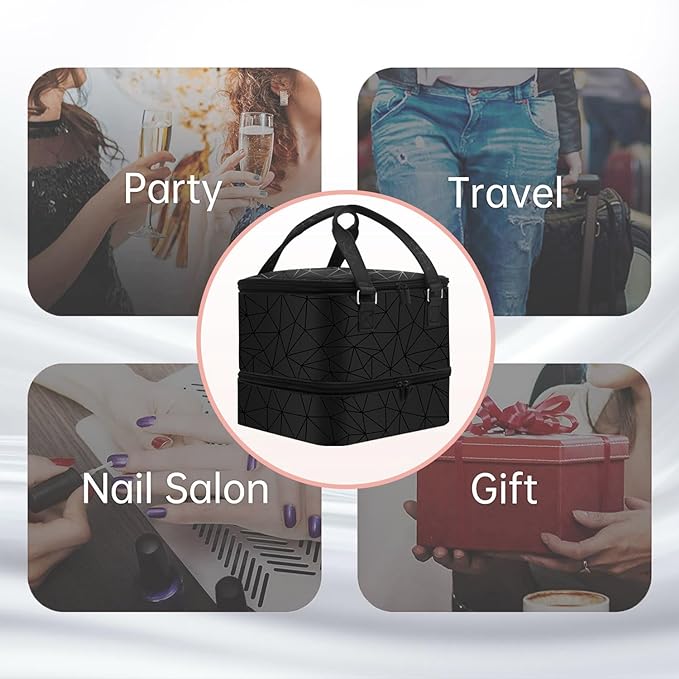 Nail Polish Organizer Hold 42+ Bottles Nail Polish & Nail Lamp, Nail Storage Case Double-Layer Nail Bag Holder with Sturdy Handle(Black)