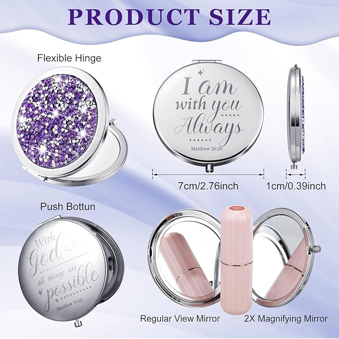 Thyle 12 Pcs Christian Compact Mirror Gifts for Women Bible Verse Bulk Hand Makeup Compact Purse Mirror Inspirational Religious Baptism Gift for Teacher Mother's Day Women Nurse(Purple)