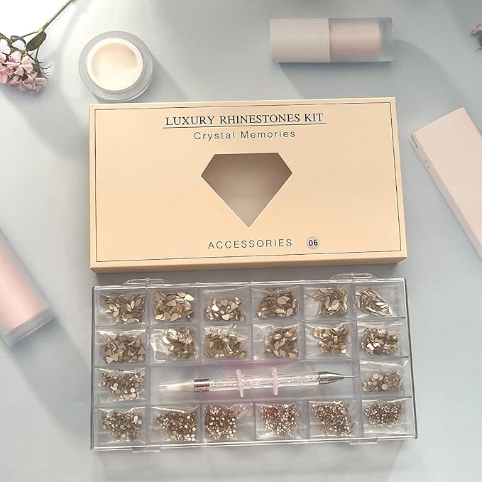 3100Pcs Flat Back Rhinestones for Nails, HOINCO Champagne Rhinestones for Nails, Mix 20 Styles Flatback Rhinestone/Gems, 600 Diamonds + 2500 Round Rhinestones Beads for Crafts with Tweezers Pen