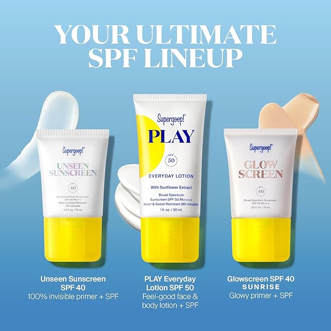 Supergoop! SPF Bestsellers Starter Set - Includes PLAY Everyday Lotion SPF 50 (1 fl oz), Unseen Sunscreen SPF 40 (0.5 fl oz) & Glowscreen SPF 40 (0.5 fl oz)