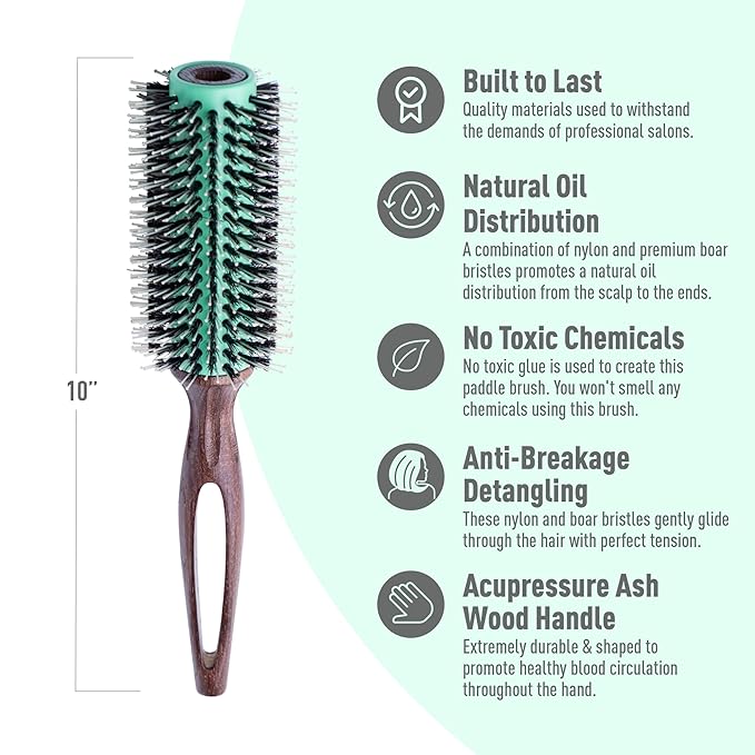 MINT Eco-Friendly Boar Bristle Round Brush for Blow Drying | Durable Blowout Styling for All Hair Types | Ceramic Round Brush with Hand-Crafted Wooden Handle (30 mm)