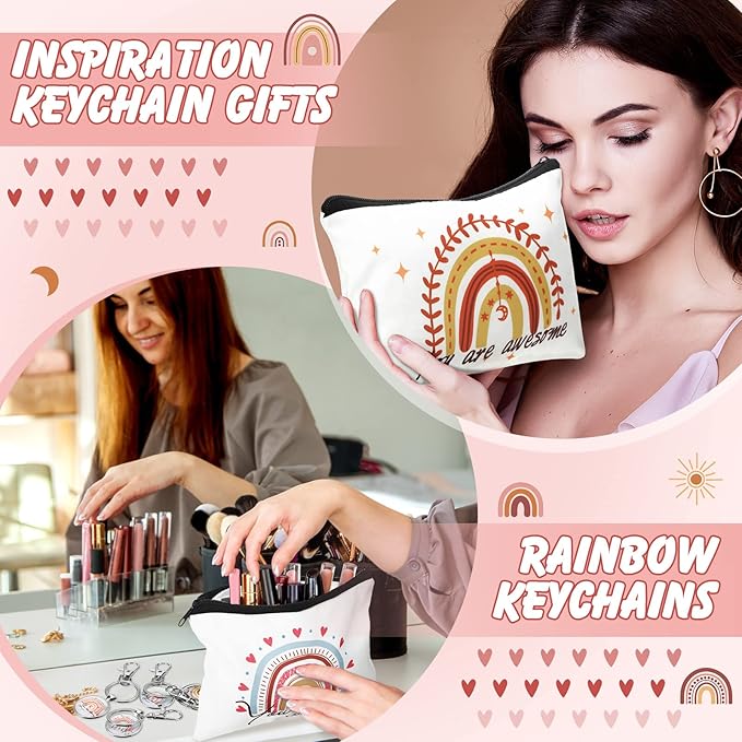 Pinkunn Rainbow Canvas Cosmetic Bag Bulk with Inspirational Quote Keychains Set 16 Pcs Cosmetic Bags 16 Pcs Keychains You are Amazing Beautiful Kind Travel Pouch Zipper for Graduation Gift