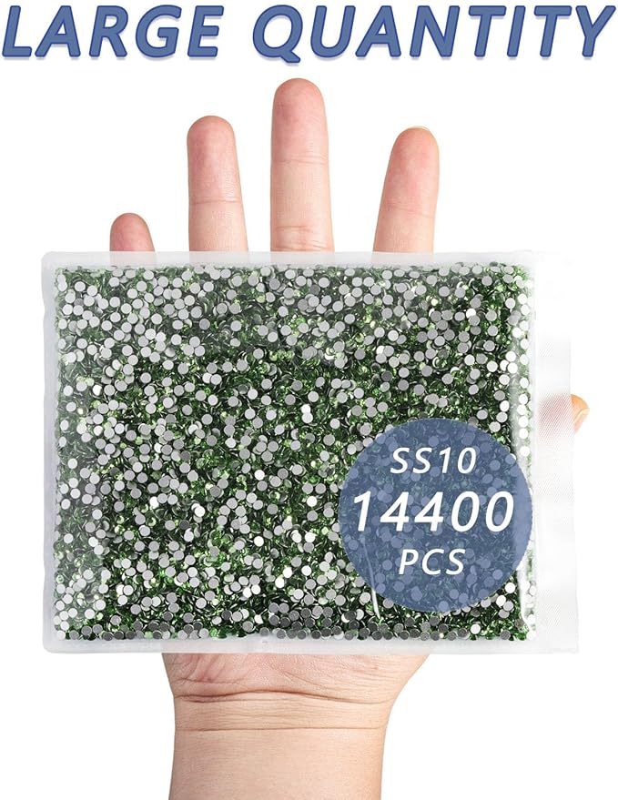 Beadsland Flatback Rhinestones Bulk,14400pcs Green Rhinestones for Nails Crafts Clothes DIY Decoration, Light Green/Peridot, SS10, 2.7-2.9mm