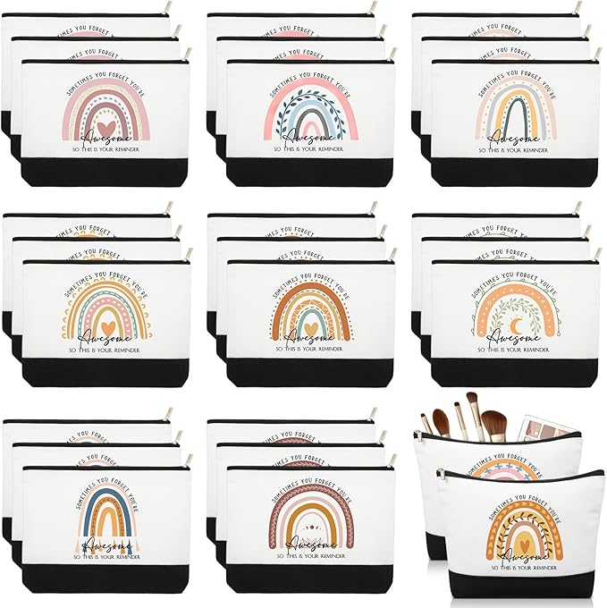 Sieral 30 Pcs Rainbow Canvas Makeup Bags Bulk Employee Appreciation Gifts Graduation Inspirational Cosmetic Bags Thank You Gifts for Teacher Secretary Coworker Volunteer Nurse(Cute)