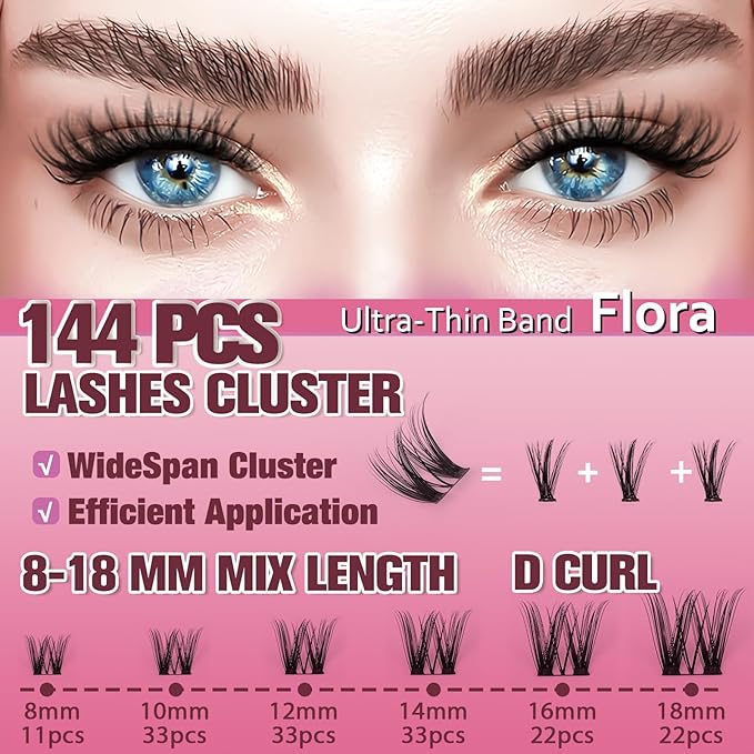 Flora Lash Clusters 8-18mm Light-Volume Wispy Eyelash Clusters D Curl - WideSpan DIY Eyelash Extension Spiky Cat Eye Lashes Individual Fake Eyelashes Clusters with 0.05mm Ultra-Thin Black Band
