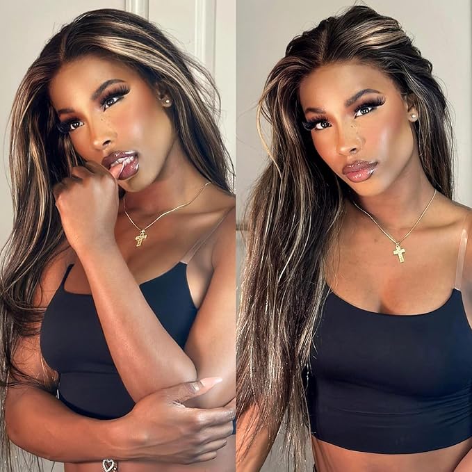 Black Mixed Blonde Lace Front Wig Straight Wigs for Women Synthetic Lace Front Black and Blonde Wigs Long Straight 13X5X1 HD Lace Front Wig Natural Looking Ready to Go Glueless Wig