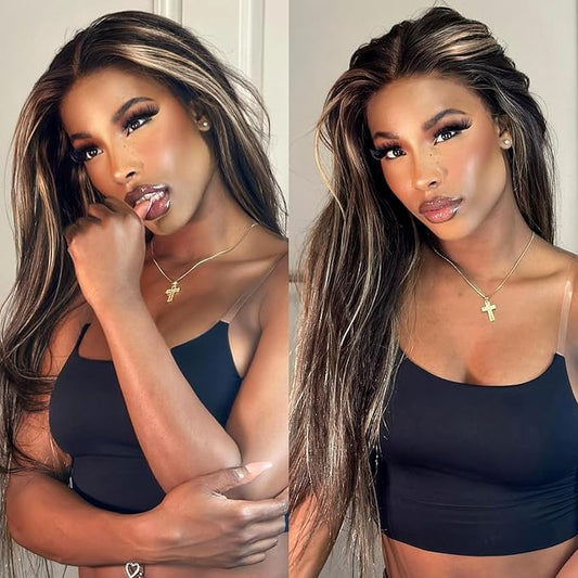 Black Mixed Blonde Lace Front Wig Straight Wigs for Women Synthetic Lace Front Black and Blonde Wigs Long Straight 13X5X1 HD Lace Front Wig Natural Looking Ready to Go Glueless Wig