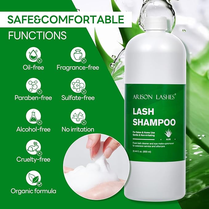ARISON LASHES Lash Shampoo Large Bottle Eyelash Cleanser 900ML, Professional Lash Shampoo for Lash Extensions Premium Eyelid Foaming Cleanser for Salon and Home Use（aloe）